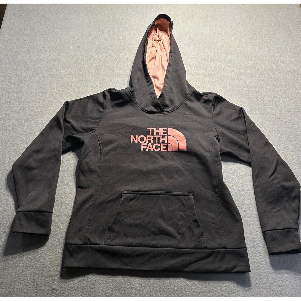 The North Face Women's L Gray Hoodie Sweatshirt Pink Logo Cozy Fleece Pullover